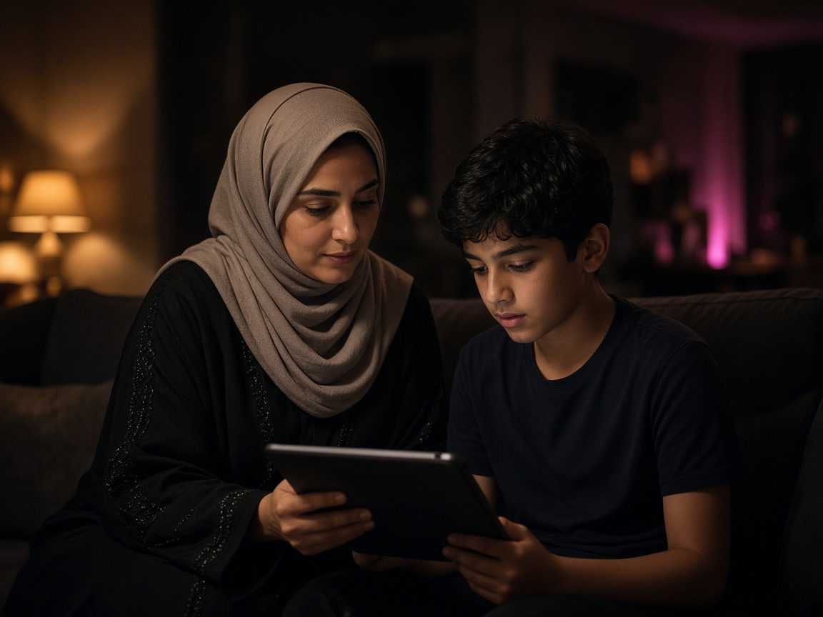 ولية أمر تجلس مع ابنها أمام الجهاز